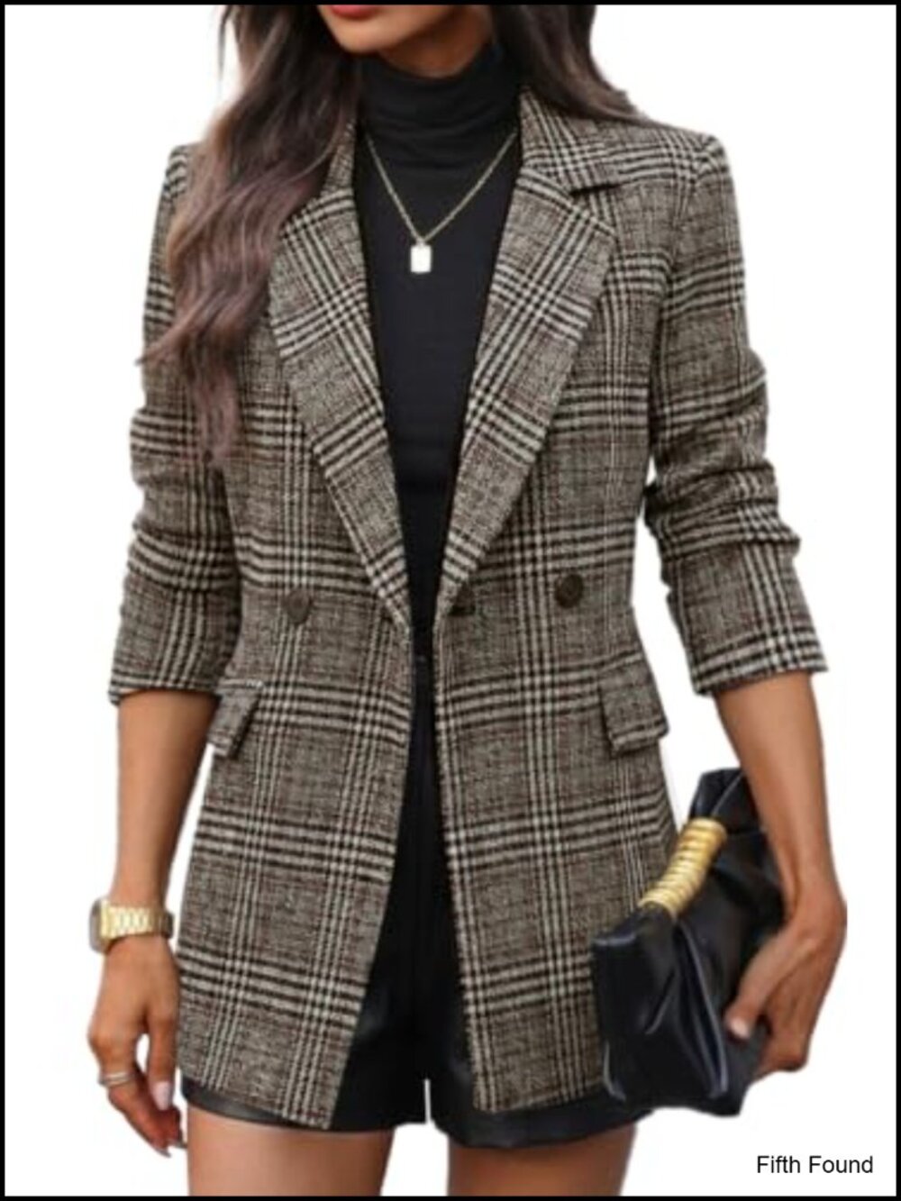 Women's Tweed Blazer Double-Breasted Plaid Longline Business Casual